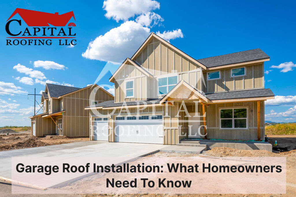 Newly constructed house with garage roof installation and clear blue sky.