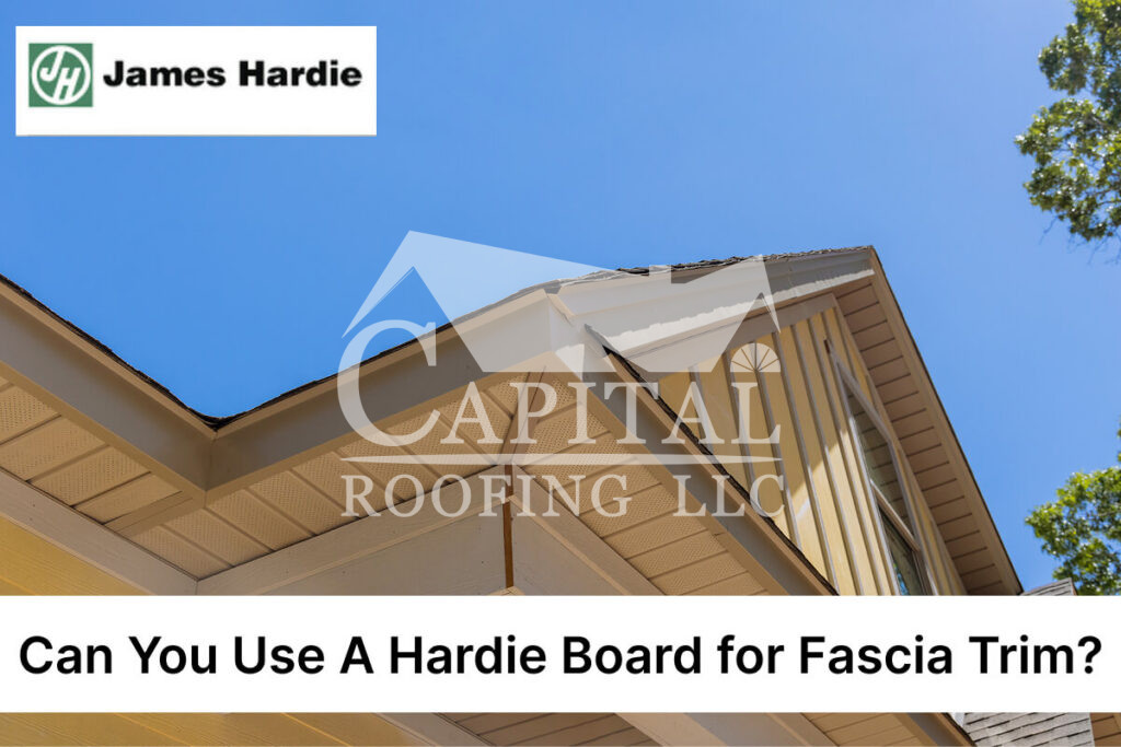 Roof fascia featuring Hardie Board siding under clear blue sky