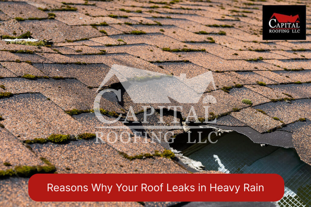 Damaged shingle roof with moss and visible holes, causing leaks in heavy rain.