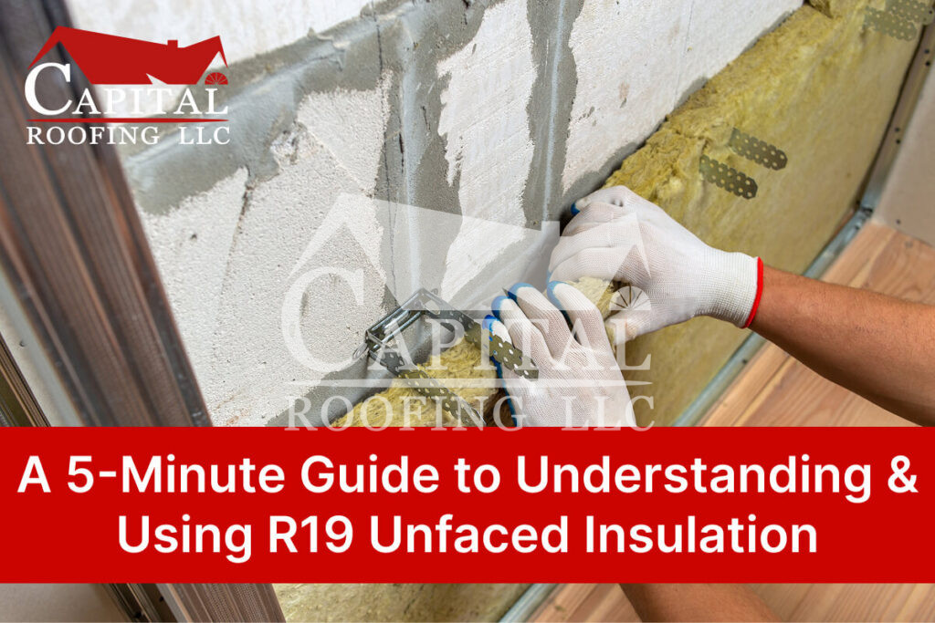 Hands applying R19 unfaced insulation on wall with white gloves.