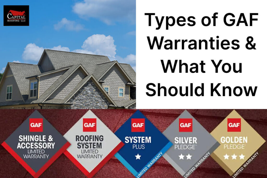 Types of GAF warranties explained with house and warranty badges.