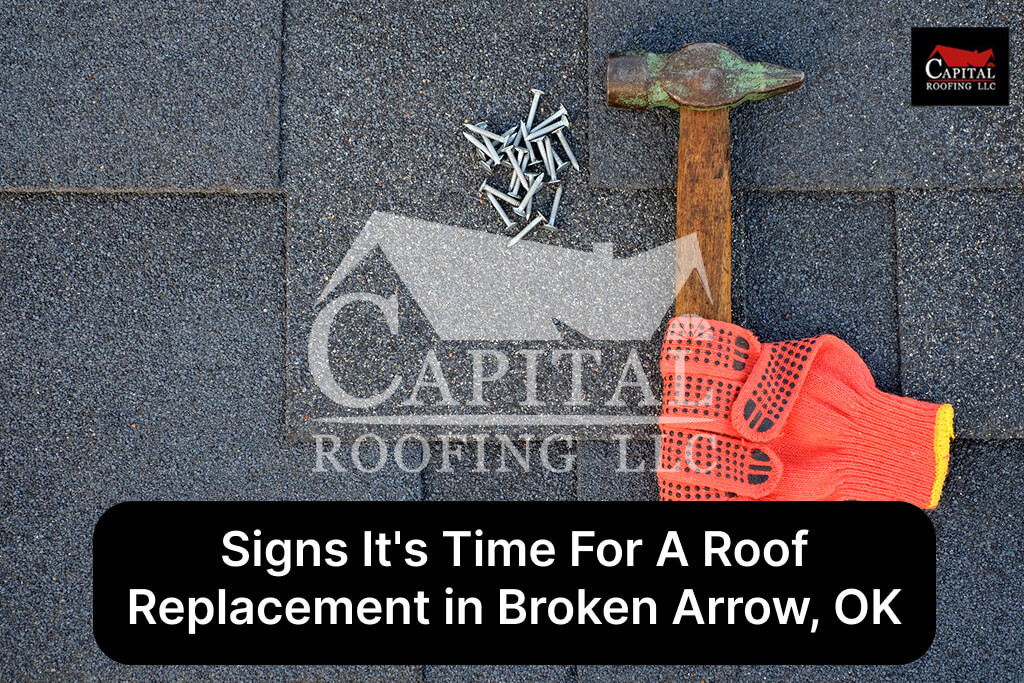 Roof replacement essentials featuring hammer, nails, and gloves on shingles.