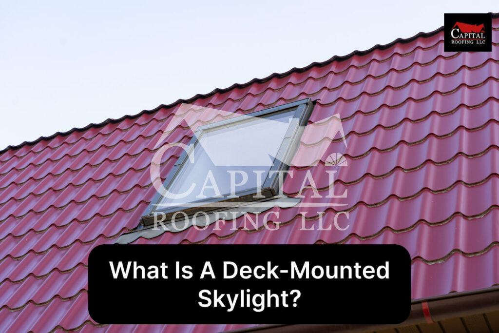 Deck-mounted skylight on a red metal roof by Capital Roofing LLC.