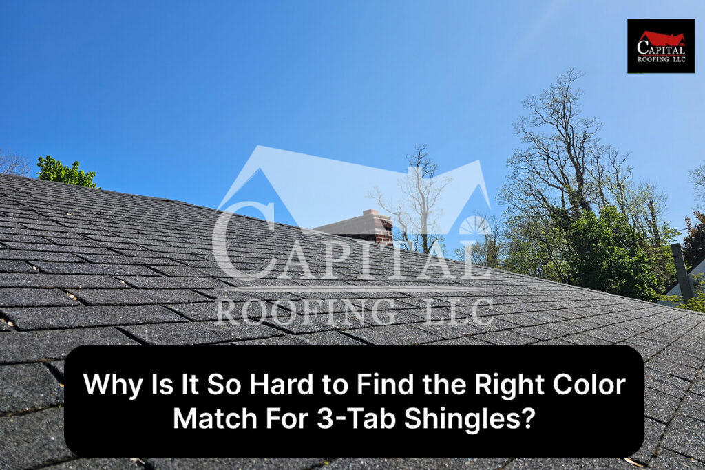 Roof with 3-tab shingles under clear blue sky and trees in background.