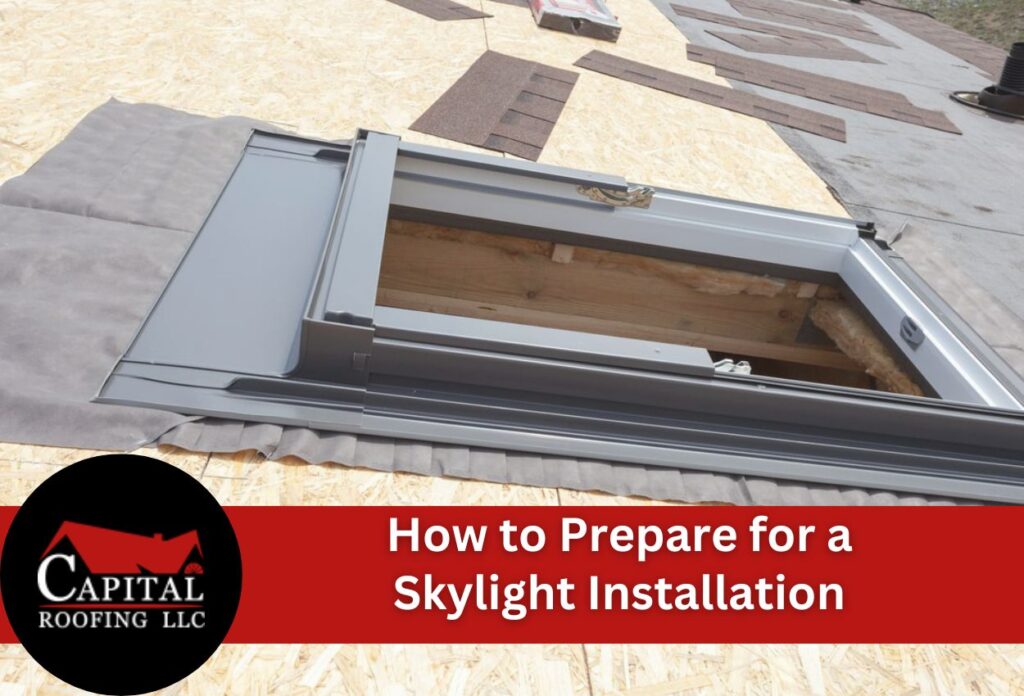 Open skylight frame installed on roof decking during construction preparation