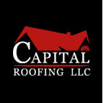 Capital Roofing LLC logo with red roof silhouette on black background